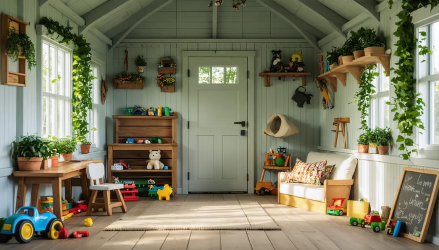 Shed converted into a children's playhouse with fun decor and activity zones