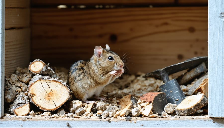 Evidence of rodent infestation inside a poorly maintained shed