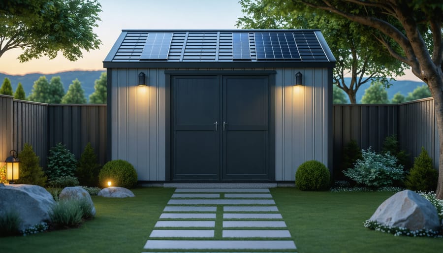 Example of solar-powered lighting used to illuminate a shed exterior and its surroundings