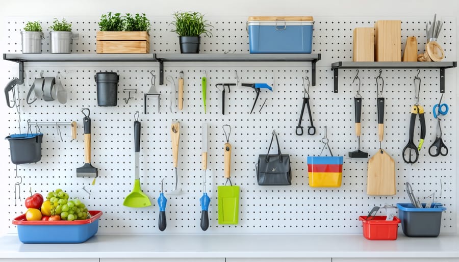 Demonstration of maximizing vertical space in a shed using shelves and pegboards