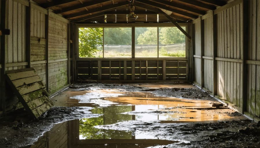 Shed interior showing signs of water damage and wood rot