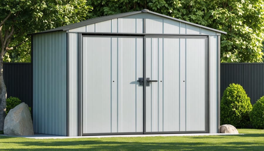 Demonstration of a shed secured with a sturdy locking bar across the doors