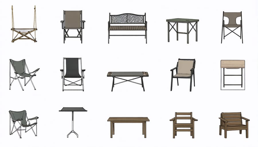 Collage of DIY outdoor furniture ideas suitable for small patios and balconies.