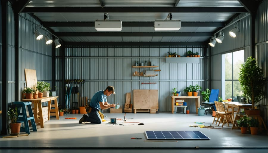 Shed interior illuminated by solar-powered lighting, enabling easy project work