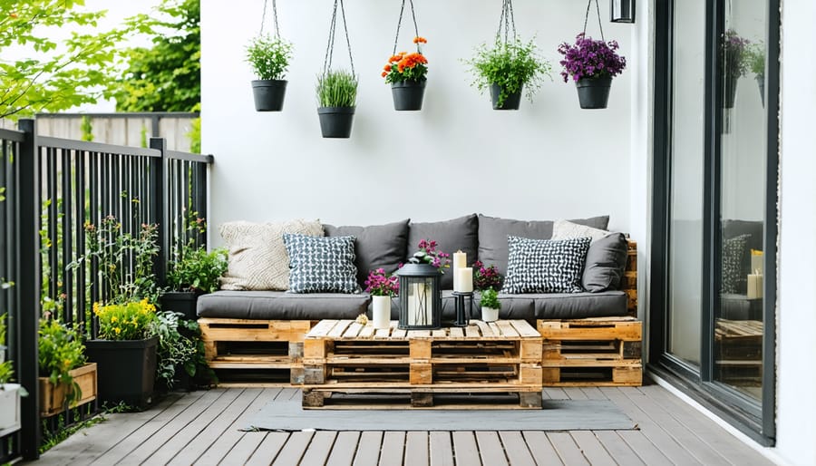 Cozy apartment balcony featuring DIY furniture made from pallets and vertical hanging planters.