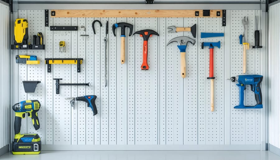 Organized garden shed with tools neatly arranged on wall-mounted pegboard system