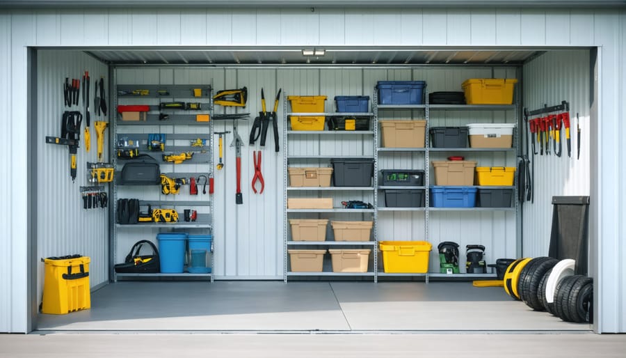 Vinyl shed interior showcasing various adjustable shelving units for efficient storage