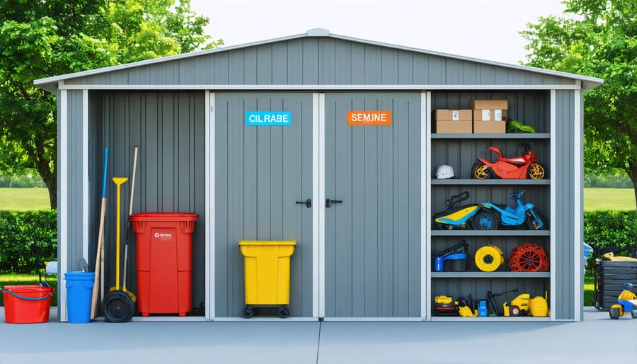 Vinyl shed interior divided into color-coded storage zones with clear labels