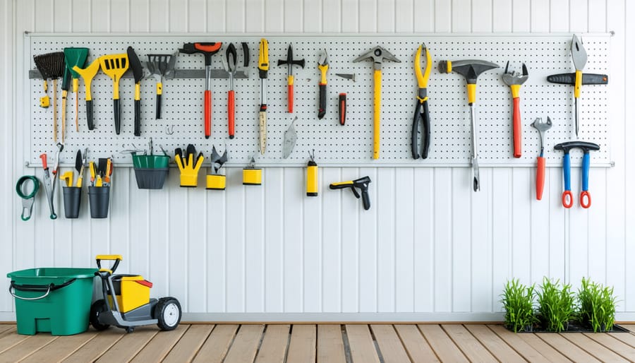 Wall-mounted pegboard organizer holding tools and equipment in a vinyl shed