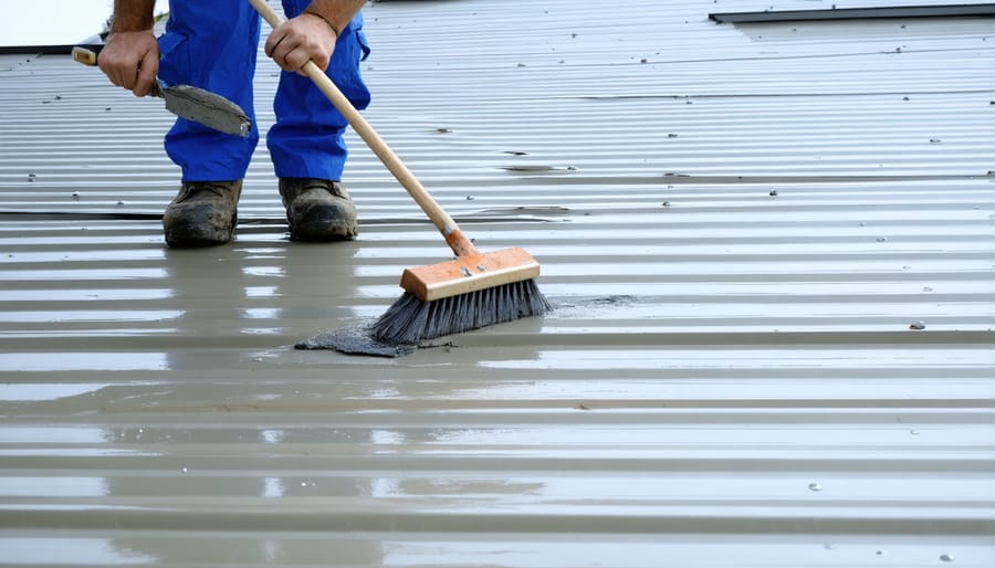 Shed owner brushing on waterproof coating to protect a metal roof from leaks