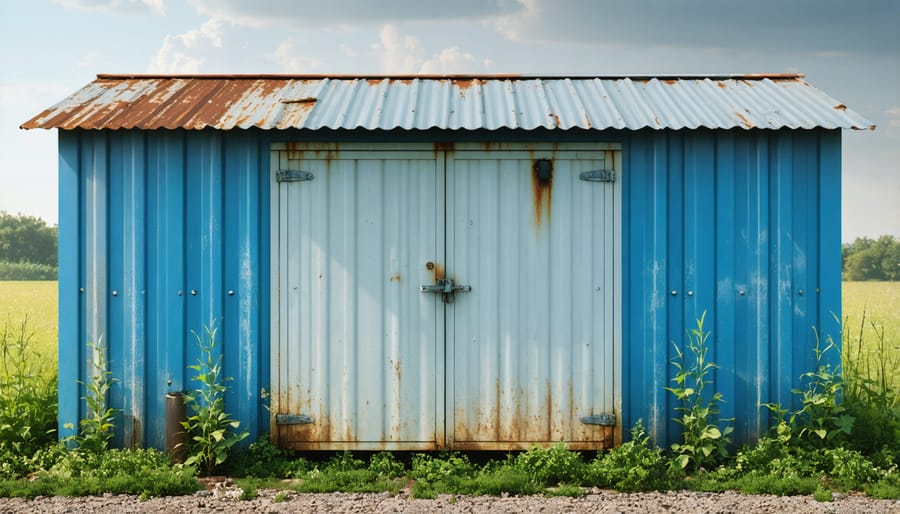 A plastic shed with visible cracks, fading, and warping due to extreme weather exposure