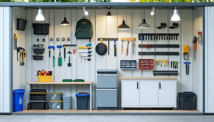 Example of a well-lit shed interior showcasing different types of lighting