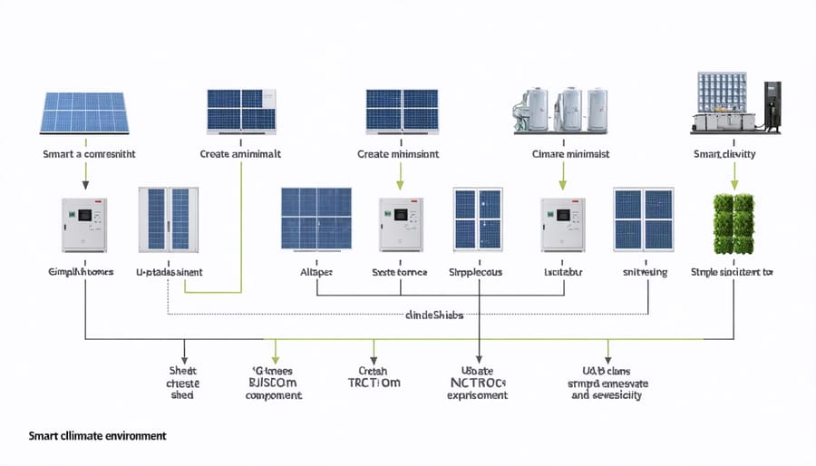 Diagram illustrating smart climate control system components and their connections within a storage shed