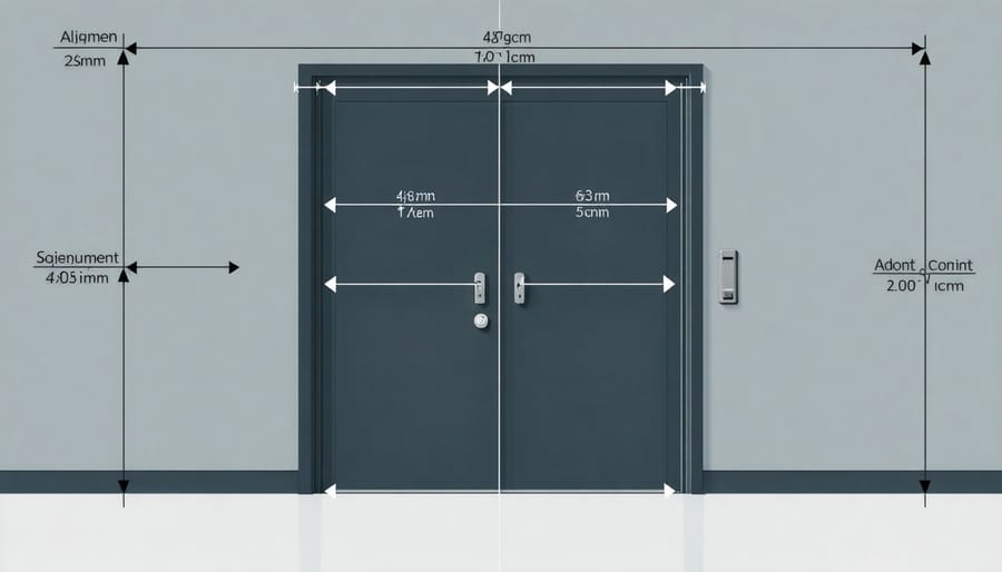 Technical diagram showing door alignment specifications and adjustment mechanisms for DuraMax shed