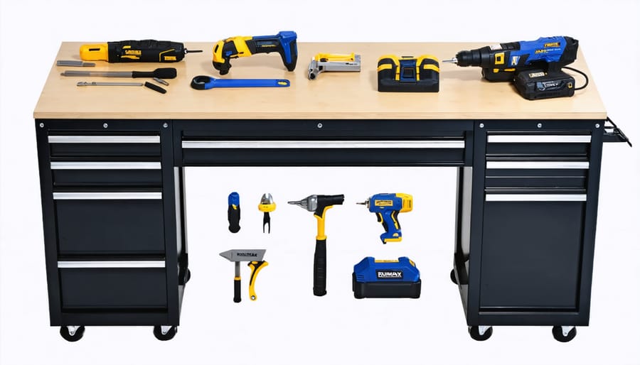 Essential tools and materials laid out for DuraMax shed assembly including screwdriver, level, measuring tape, and hardware