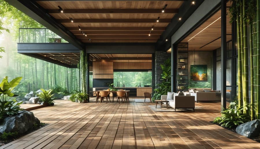 Modern eco-home featuring sustainable materials like bamboo flooring and FSC-certified wood beams, highlighting the integration of eco-friendly design and aesthetics.