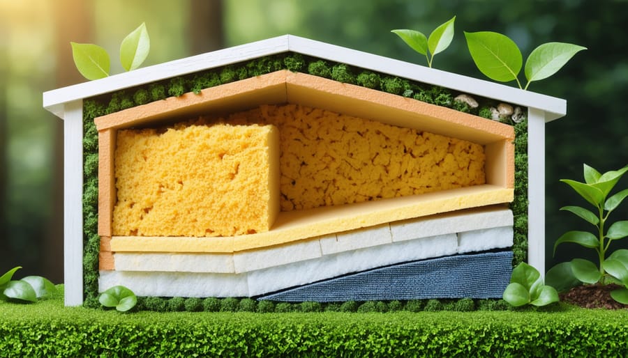 Cross-sectional representation of a shed wall featuring multiple layers of eco-friendly insulation materials, including sheep's wool, recycled denim, and reflective barriers, emphasizing sustainable construction.
