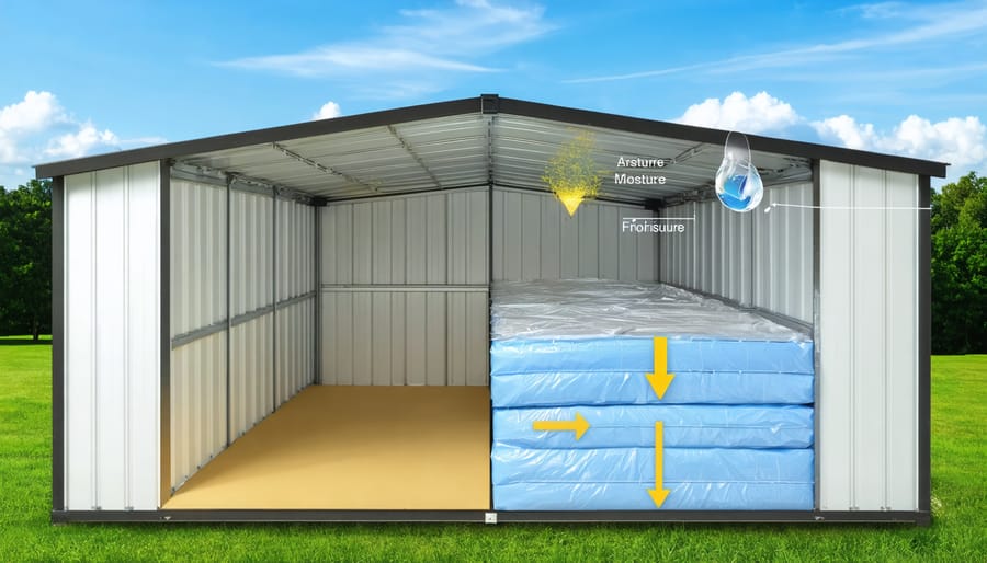 Cutaway illustration of a shed with detailed layers of moisture barriers protecting floors, walls, and ceilings from external moisture sources.