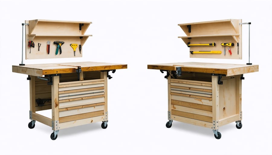 Collapsible wall-mounted workbench demonstrated in both extended and folded positions