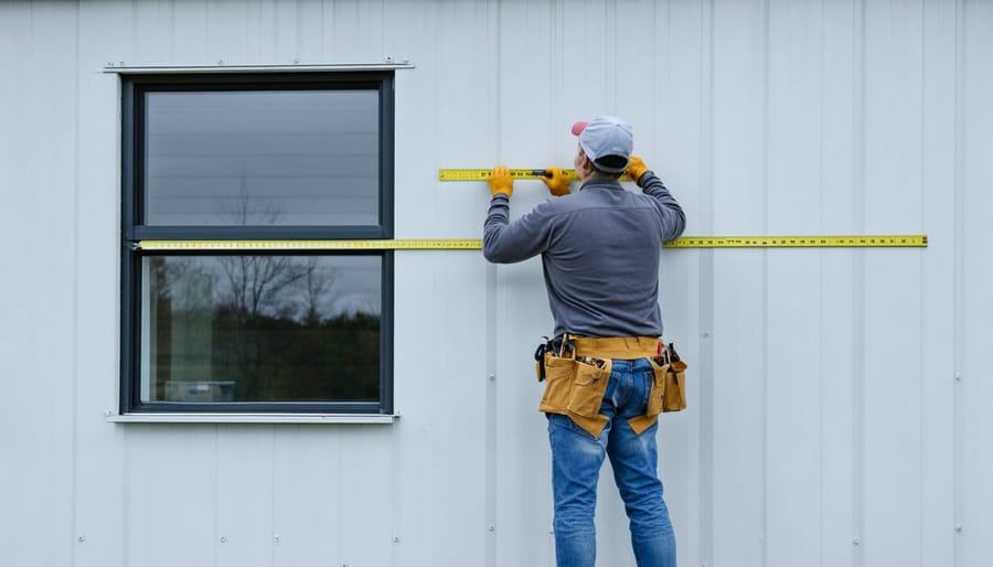 Demonstrating proper measuring technique for window placement on metal shed wall