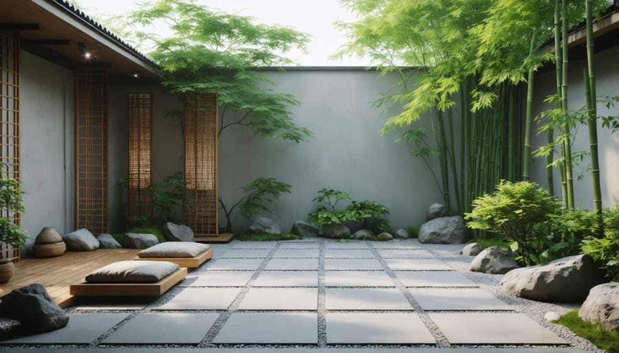 Modern zen patio design showcasing clean lines and natural materials