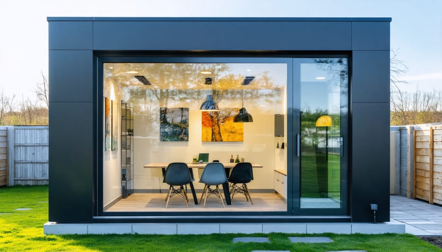 Contemporary backyard office shed with glass panels and wooden cladding