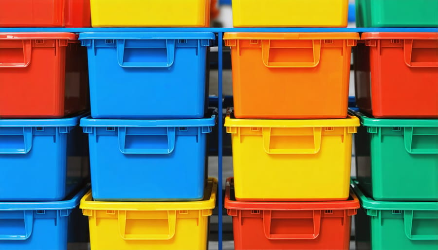 Organized stack of color-coded modular storage containers with labels showing shed storage efficiency