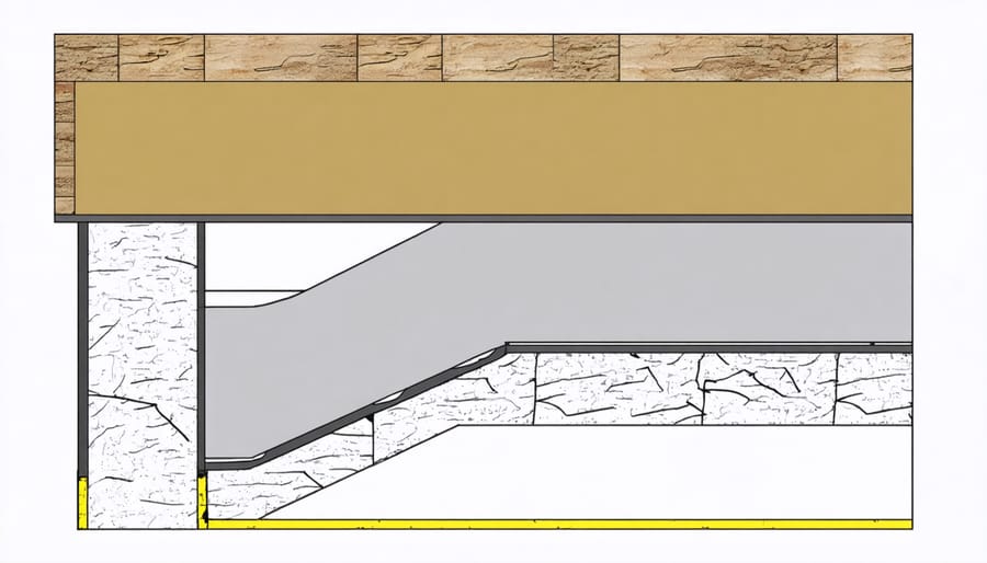 Detailed cross-section illustration of moisture barrier layers in shed construction