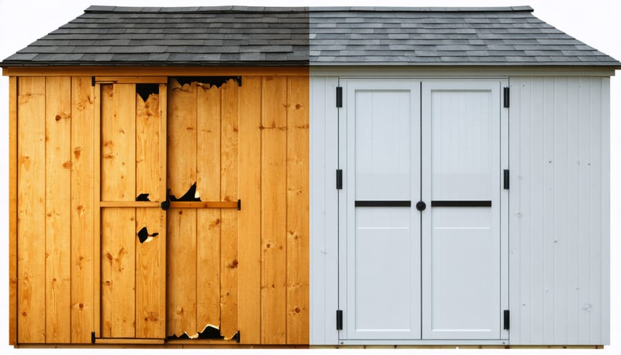 Comparison of moisture damage in unprotected shed versus properly protected shed