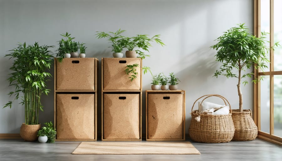 Natural material storage solutions featuring bamboo and cork containers organized in a modern home environment