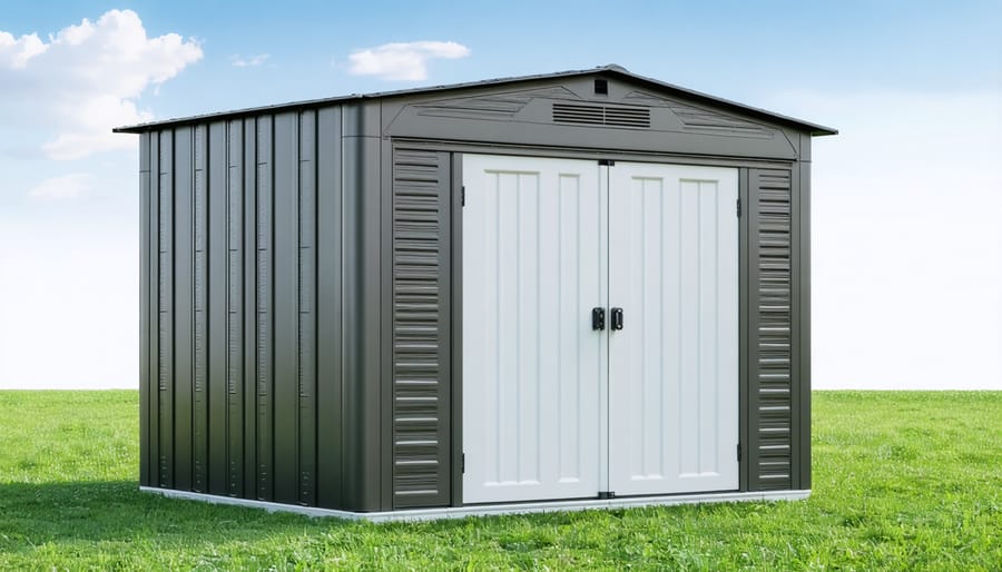 Large weatherproof plastic storage shed with double doors and weather-tight seals