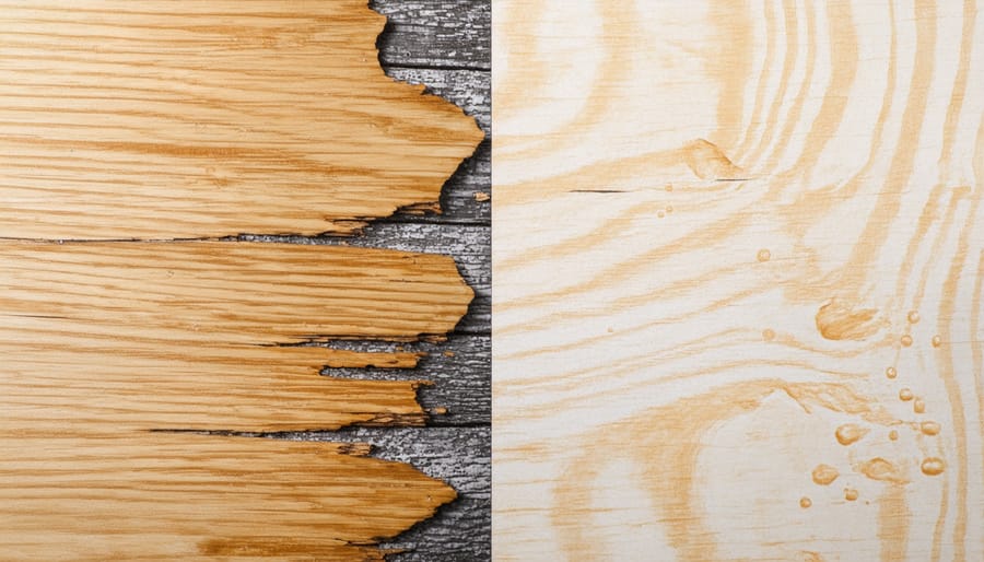 Side-by-side comparison showing protected and unprotected plywood after water exposure