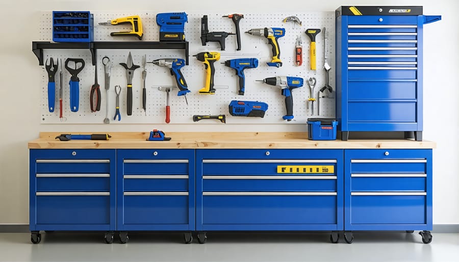 Well-organized shed tool storage system with dehumidifier and wall-mounted tools