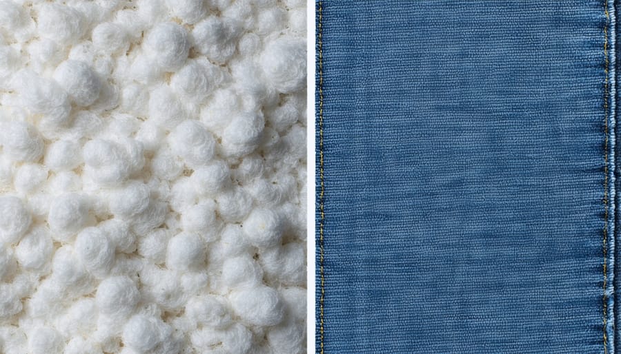 Comparison showing blue recycled denim insulation next to grey cellulose insulation