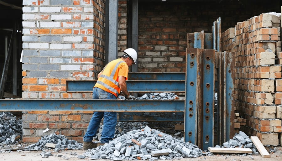 Installation of recycled steel beams and reclaimed materials during eco-friendly construction