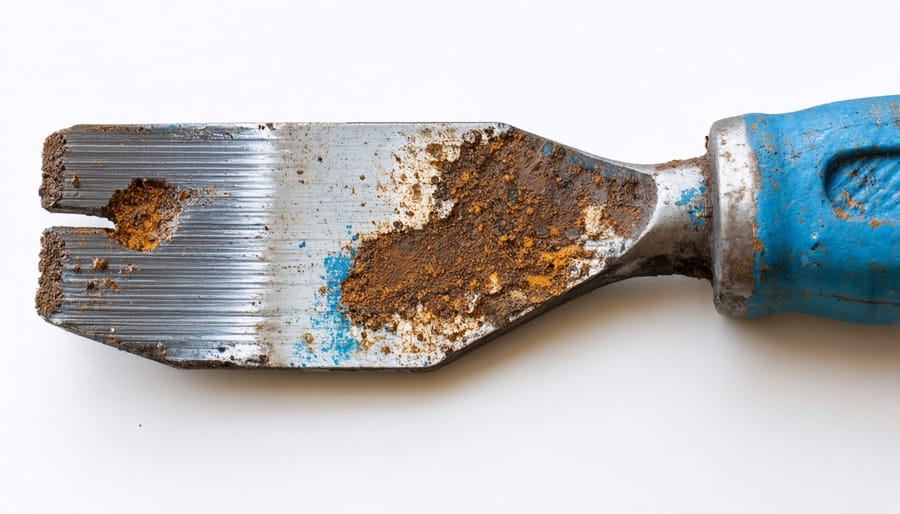 Four-stage process showing rust removal and restoration of a garden spade