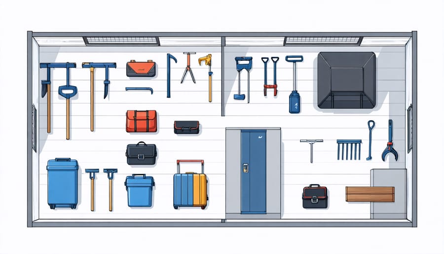 Bird's eye view of shed floor plan showing clearly labeled seasonal storage zones and organization system