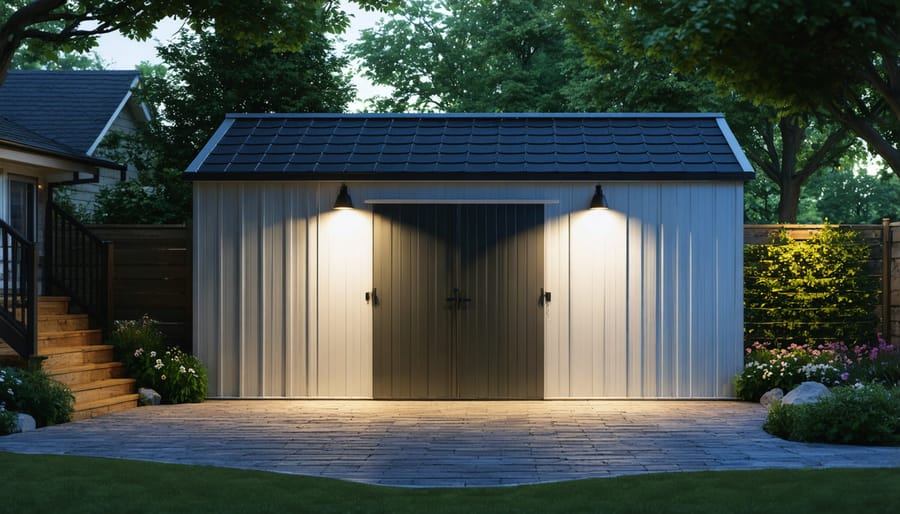 Garden shed at dusk with motion-activated lights and properly maintained surrounding area