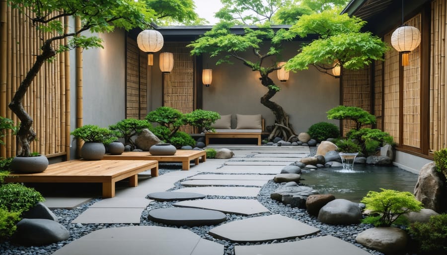 A serene zen patio with a pathway of smooth river rocks, bamboo screens, minimalist furniture, a small water fountain, and ambient paper lantern lighting, surrounded by Japanese maples and dwarf conifers.