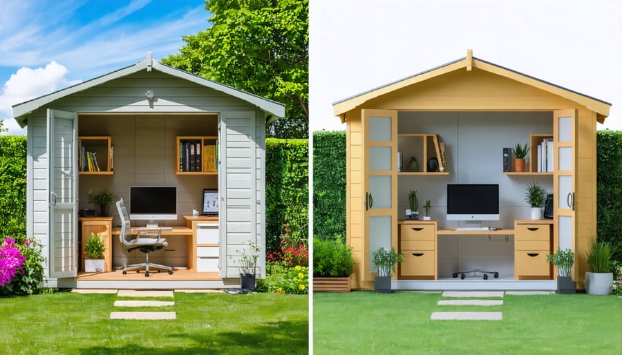 Side-by-side comparison of an ordinary garden shed and its transformation into a stylish living space