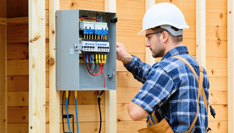 Licensed electrician installing electrical components in an insulated shed