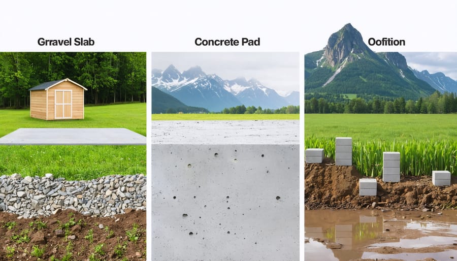 Illustration showcasing three shed foundations—concrete slab, gravel pad, and concrete block—each adapted to different terrains and climate conditions, highlighting their stability and durability.