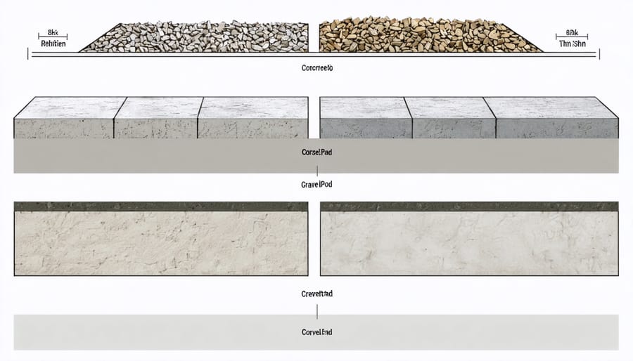 Comparison diagram showing cross-sections of concrete slab, gravel pad, and concrete block shed foundations