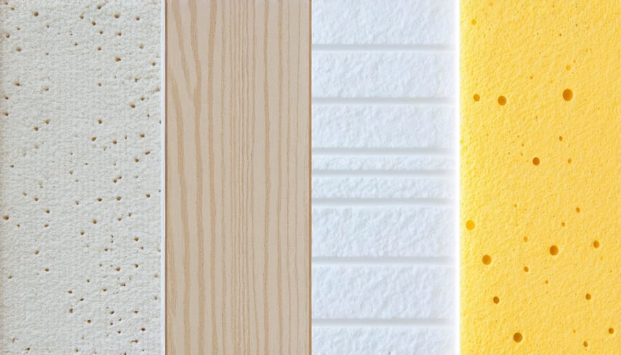 Various types of shed insulation materials displayed with thickness and R-value comparisons