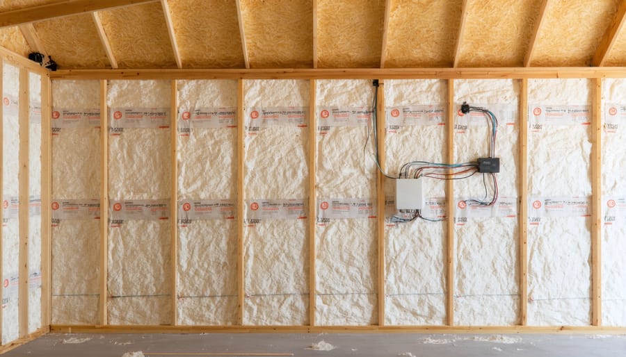 Worker installing insulation and electrical wiring in shed wall framework