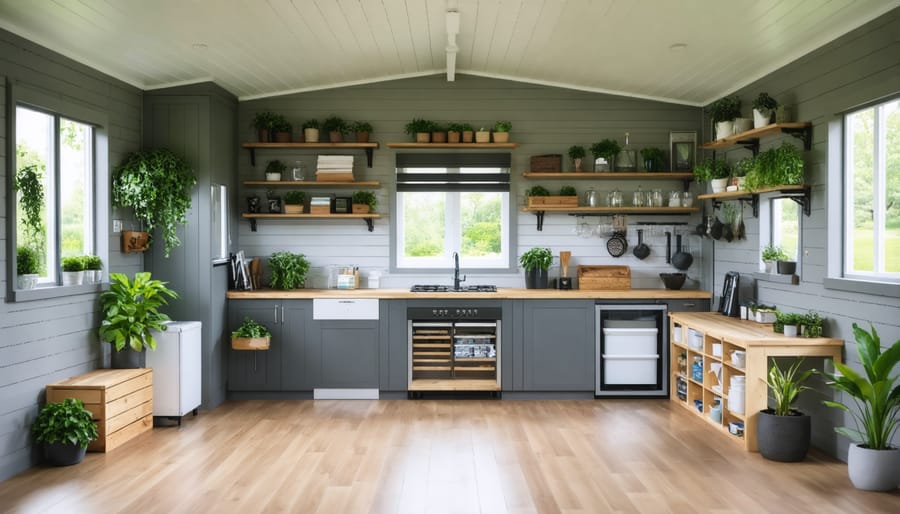 Converted shed interior featuring built-in storage and space-saving furniture