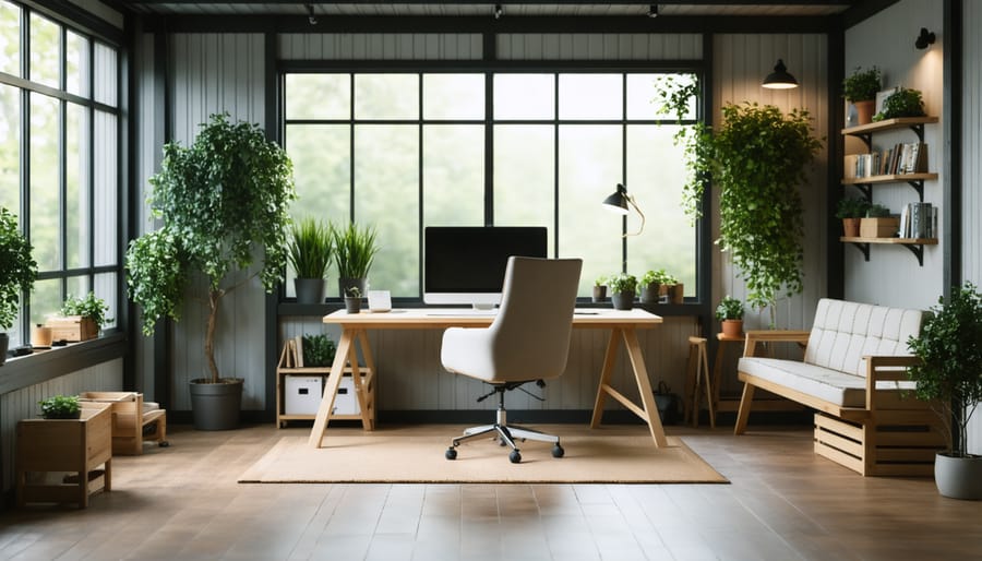 Bright and organized shed office interior with desk, storage solutions, and multiple windows