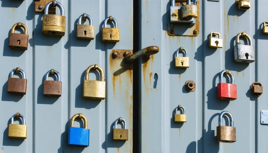 Selection of professional-grade padlocks and security hasps installed on wooden shed door