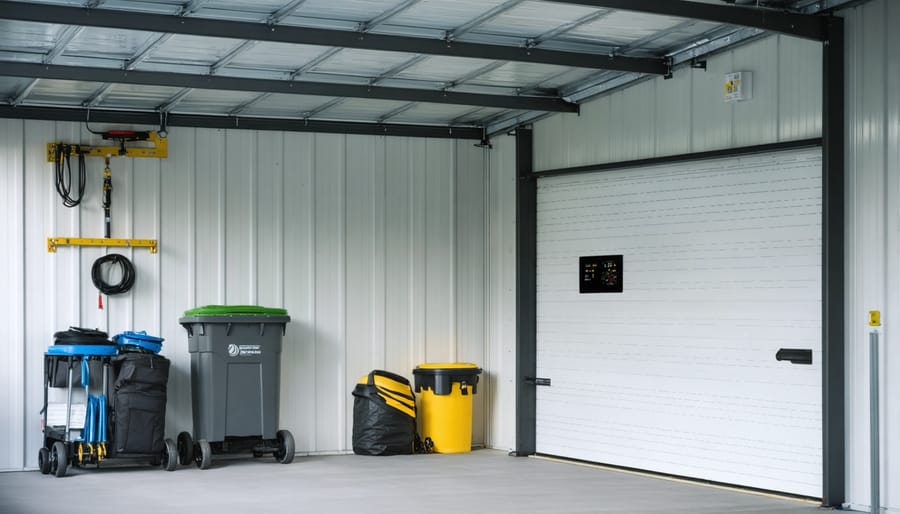 Modern storage shed interior showcasing smart climate control system with digital sensors and smart thermostats for optimal storage conditions.