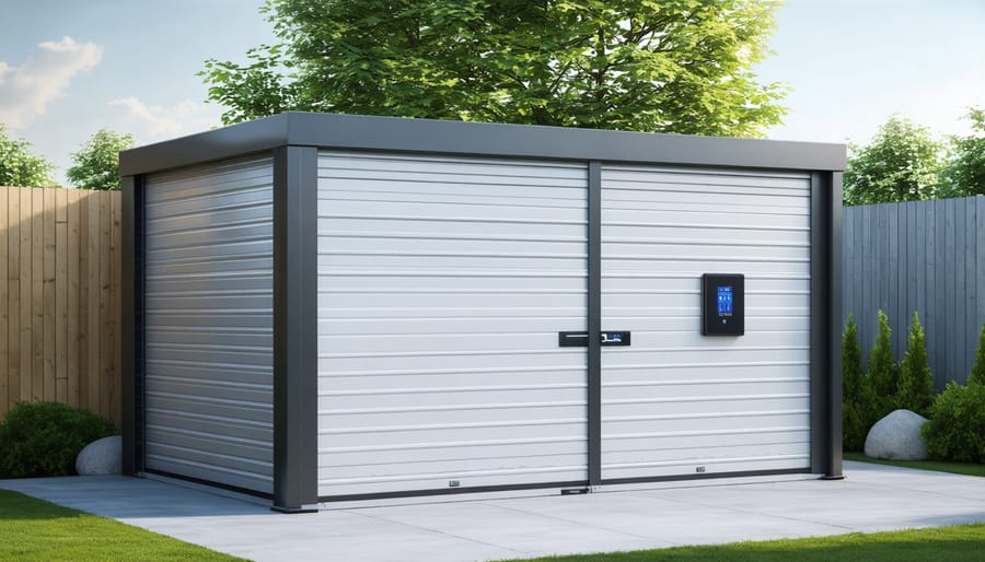 Smart storage shed equipped with climate control system showing temperature sensors and digital interface